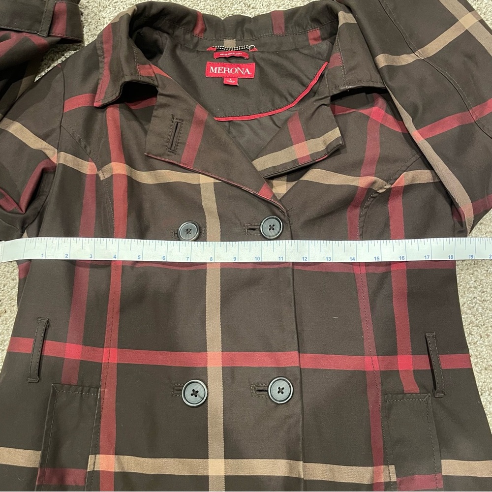 Merona Brown/Maroon Plaid Trench Coat - Picture 6 of 10